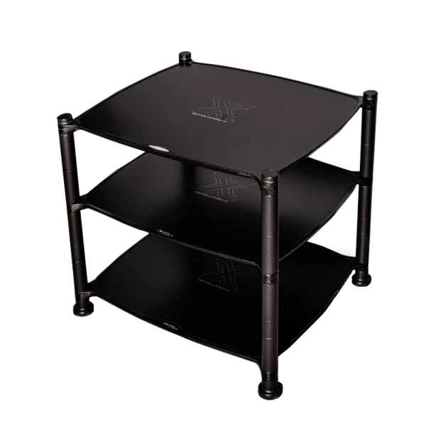 Meuble HiFi Bassocontinuo Aeon Light métal sombre et et carbone sur fond noir