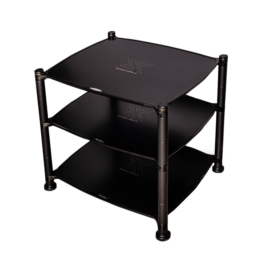 Meuble HiFi Bassocontinuo Aeon Light métal sombre et et carbone sur fond noir