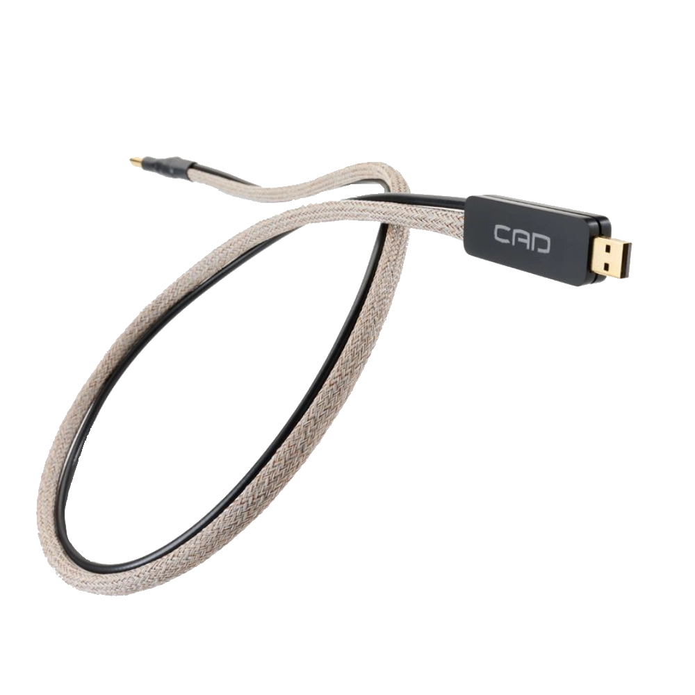 Câble CAD USB II-R (R pour Référence) vue de près avec le connecteur USB-A doré au premier plan puis la gaine tressée crème accompagnée d'un câble noir plus fin destiné à véhiculer la masse