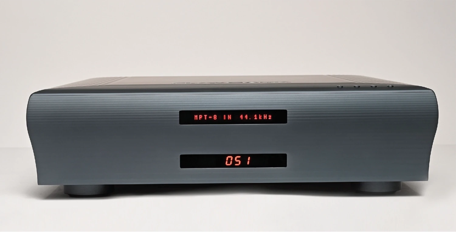 Un DAC Playback Designs gris foncé avec un écran numérique rouge affichant « MPT-8 IN 44.1khz » et le volume à « 051 » sur un fond blanc uni (par 1877.audio)