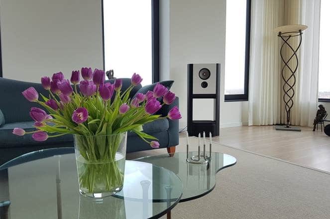 Grimm Audio LS1be dans une grand salon avec des tulipes violettes en premier plan