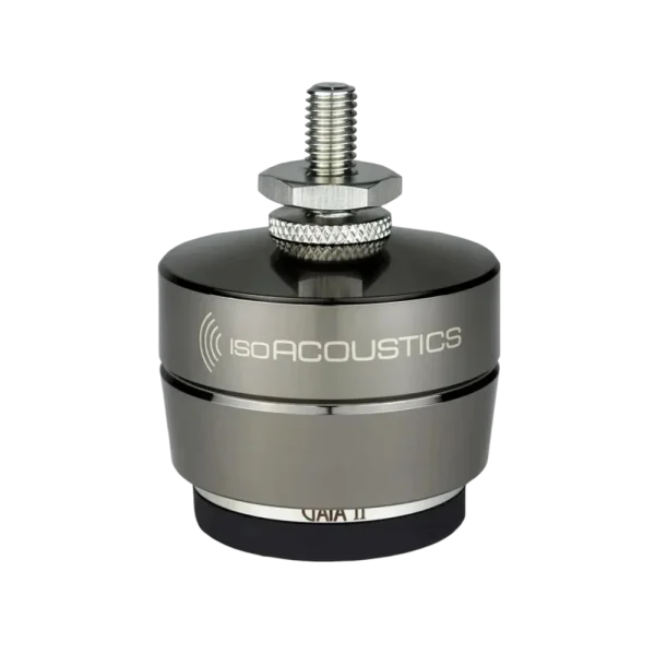 Pied Isoacoustics Gaia II vu de face avec sa vis de fixation vers le haut et son nom indiqué au-dessus de sa base amortissante