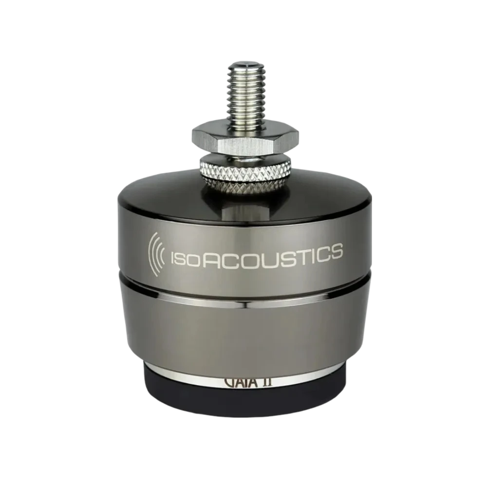 Pied Isoacoustics Gaia II vu de face avec sa vis de fixation vers le haut et son nom indiqué au-dessus de sa base amortissante