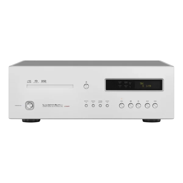 Lecteur de CD et SACD Luxman D-08u couleur argentée dans sa version Ultimate : bouton marche-arrêt, trappe pour les CD, bouton d'éjection ainsi que tous les autres boutons de commande et un écran monochrome