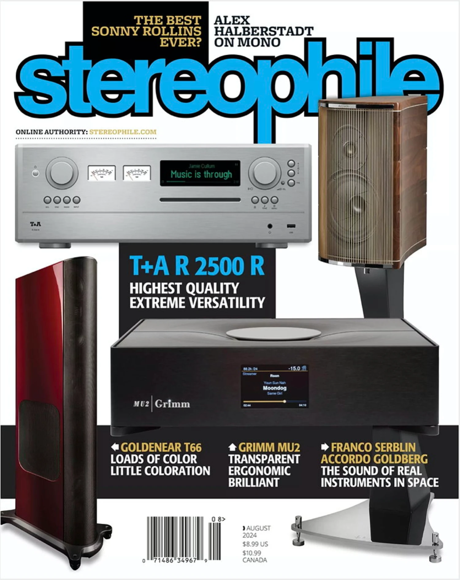 Couverture du magasine Stereophile du mois d'août 2024 avec notamment le Grimm Audio MU2