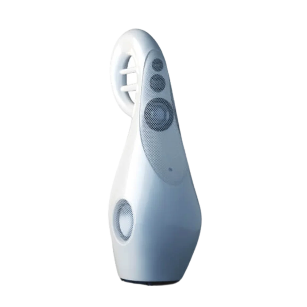 Enceinte colonne Vivid Audio G4 S2 blanche vue de face avec trois haut-parleurs sur la face avant, twitter, haut-medium et bas-medium protégés par une grille et un haut-parleur de grave sur le côté