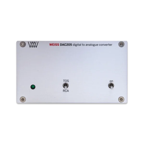 Convertisseur Weiss DAC205 avec son voyant vert de fonctionnement, le sélecteur de source d'entrée Toslink ou RCA et sa commande de mise en service