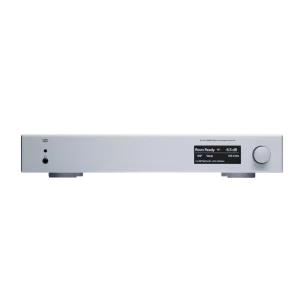 Convertisseur (DAC) Weiss DAC502 couleur argent vu de face avec le capteur infrarouge et la prise jack 3.5 situés sur la gauche du produit, d'un écran couleur indiquant "Roon Ready" et -6,5dB et enfin le bouton rotatif de gestion du niveau de sortie