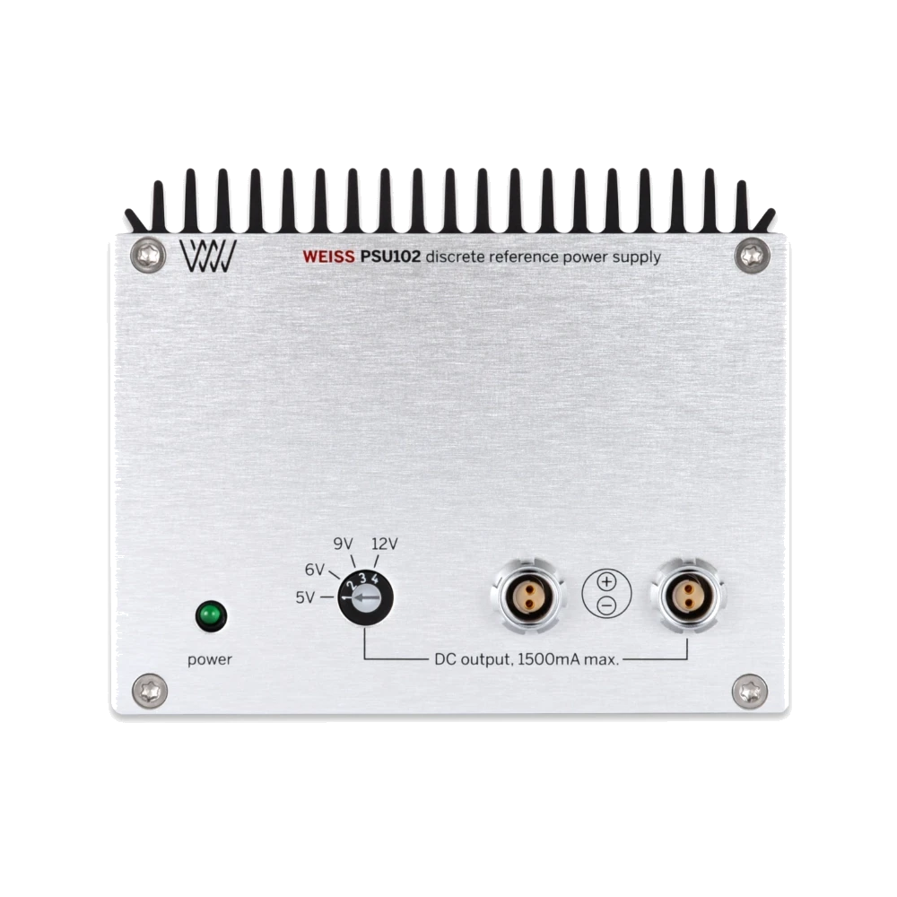 Alimentation Weiss PSU102 vue de face avec le témoin vert de fonctionnement, le sélecteur de tension de sortie (5v 6v 9v 12v) et deux connecteurs permettant de relier des appareils fonctionnant en courant continu