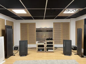 Enceintes Diptyque Audio dp85 en démonstration dans la salle d'écoute de la marque à Montauban